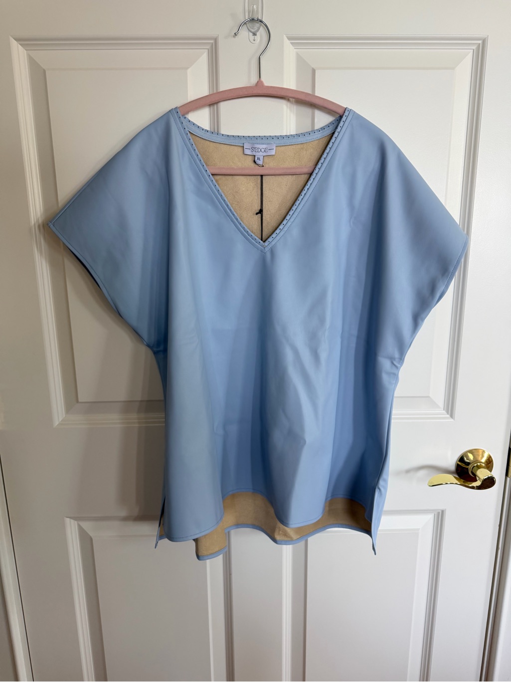 S’edge Blue Faux Leather V-Neck Top